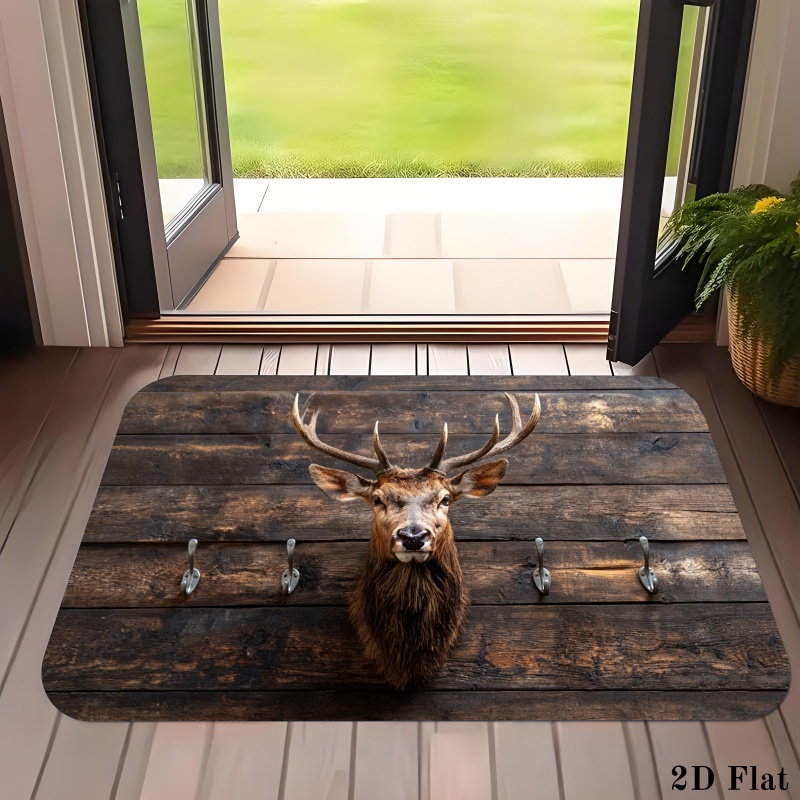 Hunting Outdoor Rug - 素朴な鹿の頭の形をしたドアマット、木目調、ハンティングロッジプリント、滑り止めエントランスラグ、キャビンの玄関や自然をテーマにした家の装飾に