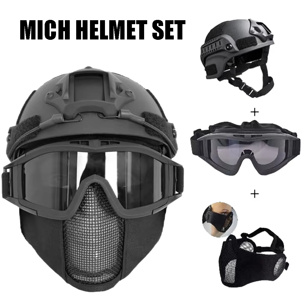 Outdoor Hunting Guide - MICHエアソフトヘルメット＆ハーフフェイスメッシュマスクセット タクティカルヘルメット サイドガイドレール付き エアソフトゴーグル アウトドアペイントボールハンティング用