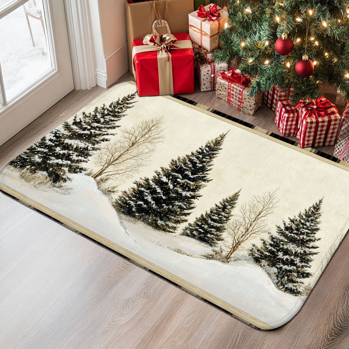 冬の雪景色をイメージした狩猟小屋と松の木のクリスマス柄ドアマ - Hunting Outdoor Rug のレビューと価格