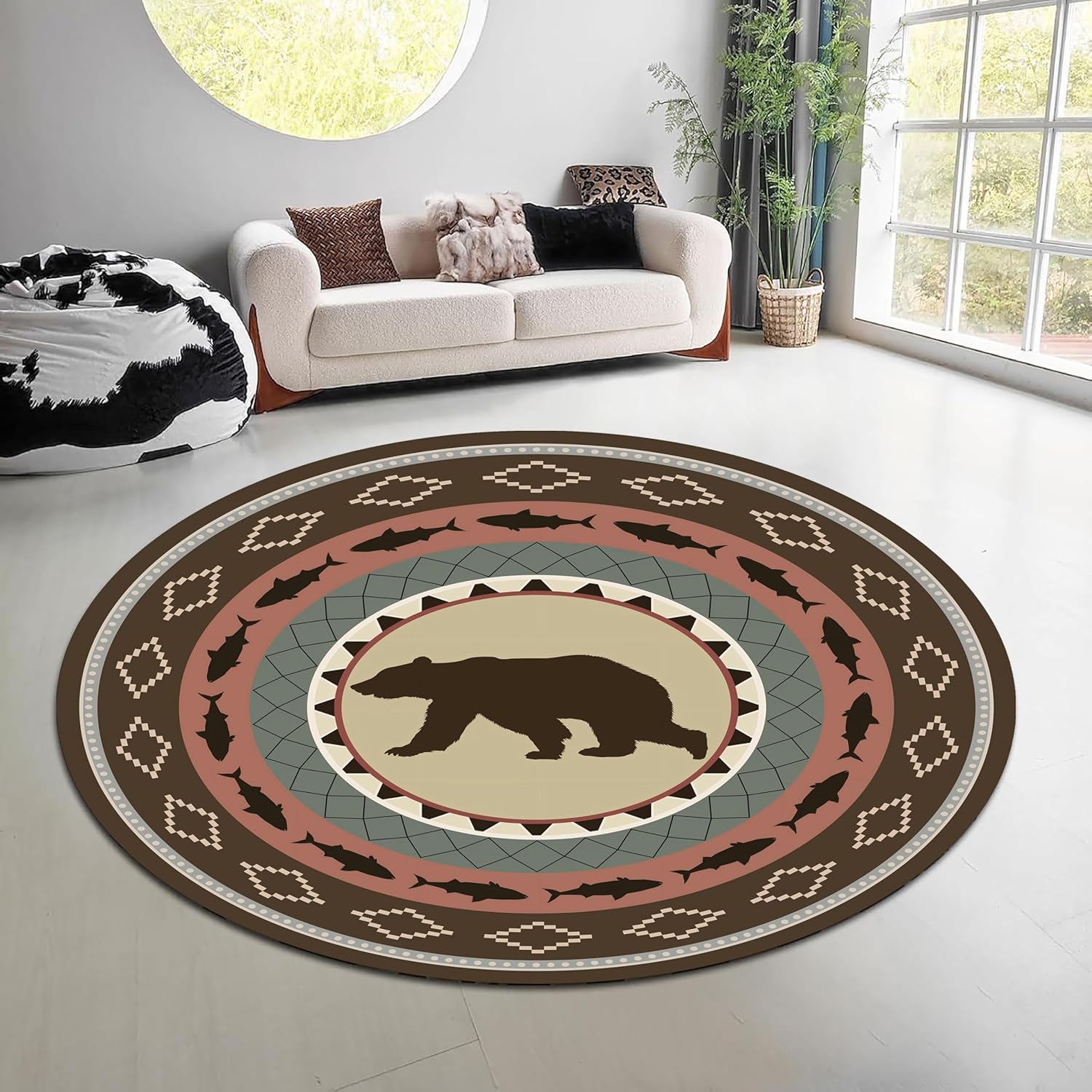 ヴィンテージ自然森林ラウンドラググリーンブラウンエルクベアエ - Hunting Outdoor Rug のレビューと価格