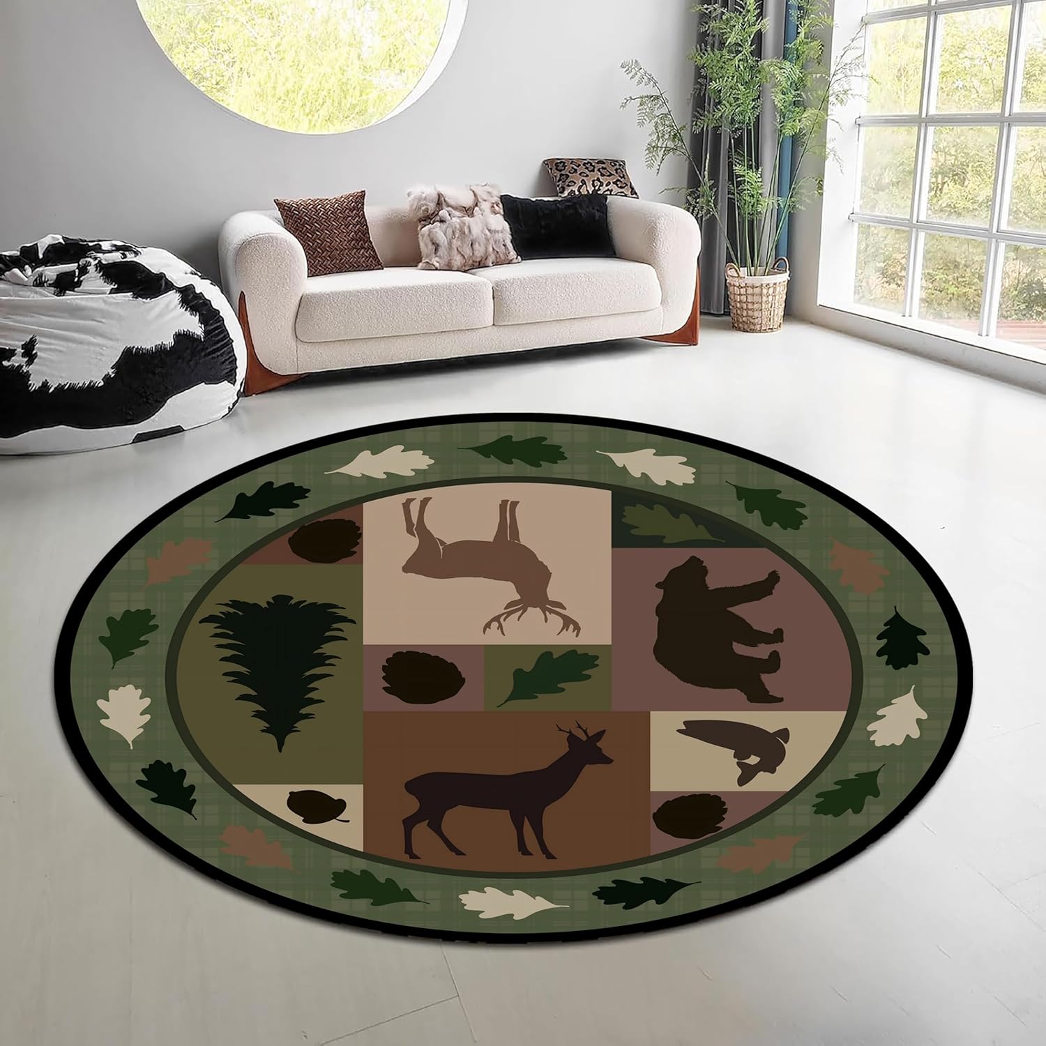 ヴィンテージ自然森林ラウンドラググリーンブラウンエルクベアエ - Hunting Outdoor Rug のレビューと価格